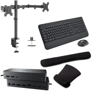 Dell UD22 Universal Dock 96W Quad 4K Support, HDMI, USB-C, DisplayPort and USB Hub Bundled with Desk Mount Dual Monitor Stand, MK650 Wireless Keyboard & Mouse, Gel Mouse & Wrist Pad