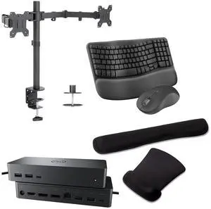 Dell UD22 Universal Dock 96W Quad 4K Support, HDMI, USB-C, DisplayPort and USB Hub Bundled with Desk Mount Dual Monitor Stand, MK670 Wireless Keyboard & Mouse, Gel Mouse & Wrist Pad