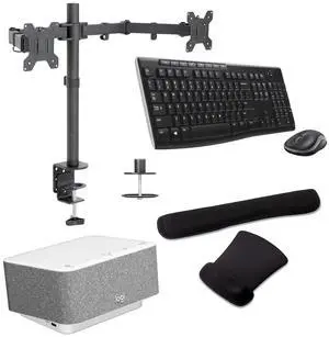 Logitech Docking Station 100W Dock in White with 4K Support and USB HubDesk Bundled with Mount Dual Monitor Stand, MK270 Wireless Keyboard and Mouse, Gel Mouse & Wrist Pad