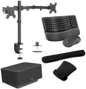 Logitech Docking Station 100W Dock in Graphite Gray with 4K Support and USB HubDesk Bundled with Mount Dual Monitor Stand, MK670 Wireless Keyboard and Mouse, Gel Mouse & Wrist Pad