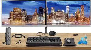 HP Home Office Bundle with 2 x E273 27" Monitors (HDMI, DisplayPort) - HP USB-C Dock - Dual Monitor Stand - Wireless Keyboard and Mouse, Gel Wrist Pad - 32GB USB Drive - Surge Protector and More