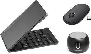 Fashionit U Speakers Boost Water-Resistant Portable Bluetooth Speaker with Selfie Remote Control, Bass, & Mic Travel Home Office Modern Bundle with Mini Folding Wireless Keyboard & Pebble Mouse