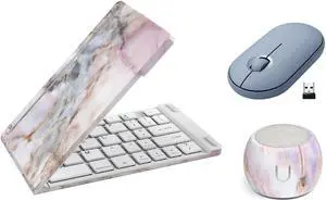 Fashionit U Speakers Boost Water-Resistant Portable Bluetooth Speaker with Selfie Remote Control, Bass, & Mic Travel Home Office Modern Bundle with Mini Folding Wireless Keyboard & Pebble Mouse