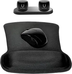 Fashionit U Speakers Bluetooth Pro Speakers & Charging Tray Travel Home Office Bundle with Black Wireless Mouse X3000 G2, & Coordinating Gel Mouse Pad, for Modern Workspace - Black