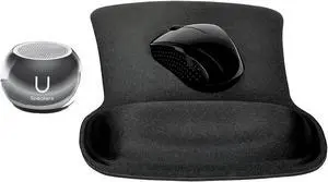 Fashionit U Speakers Bluetooth Mini Speaker Travel Home Office Bundle with Black Wireless Mouse X3000 G2, & Coordinating Gel Mouse Pad, for Modern Workspace - Mirror Hematite