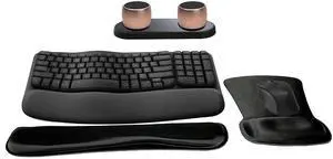 Logitech MK670 Comfort Wave Wireless Keyboard & Mouse Combo Travel Home Office Modern Bundle with Set of 2 Pro Portable Wireless Bluetooth Speakers, Charging Tray, Gel Wrist Pad & Gel Mouse Pad