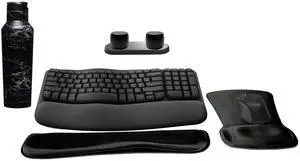 Logitech MK670 Comfort Wave Wireless Keyboard & Mouse Combo Travel Home Office Modern Bundle with 2 Pro Portable Wireless Bluetooth Speakers, Charging Tray, Gel Wrist Pad, Gel Mouse Pad & 20oz Canteen