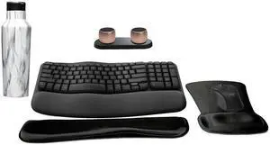 Logitech MK670 Comfort Wave Wireless Keyboard & Mouse Combo Travel Home Office Modern Bundle with 2 Pro Portable Wireless Bluetooth Speakers, Charging Tray, Gel Wrist Pad, Gel Mouse Pad & 20oz Canteen