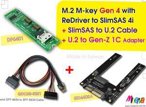 M.2 M-key PCIe Gen 4 with ReDriver to slimSAS 4i(SFF-8654) & Gen4 SlimSAS 4i to U.2(SFF-8639) Cable/50cm & U.2 PCIe Gen 4 to Gen-Z 1C (EDSFF) Adapter KIT