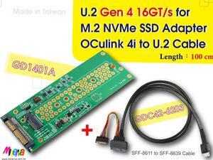 PCIe 4.0 Oculink 4i (SFF-8611) to U.2 (SFF-8639) Cable, 100cm & U.2 to M.2 NVMe Adapter for AORUS NVMe Gen4 SSD