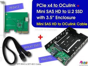 PCIe x4 Gen3 to OCulink (SFF-8612) Adapter & OCulink (SFF-8611) to Mini SAS HD (SFF-8643) Cable & Mini SAS HD to U.2(SFF-8639) with Hot Plug Power with 3.5”Enclosure