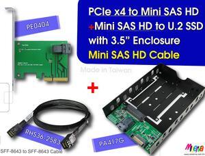 PCIe x4 Gen3 to Mini SAS HD (SFF-8643) Adapter & Mini SAS HD Cable & Mini SAS HD to U.2(SFF-8639) with Hot Plug Power with 3.5”Enclosure