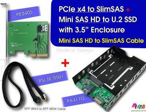 PCIe x4 Gen3 to SlimSAS (SFF-8654) Adapter & SlimSAS to Mini SAS HD (SFF-8643) Cable & Mini SAS HD to U.2(SFF-8639) with Hot Plug Power with 3.5”Enclosure