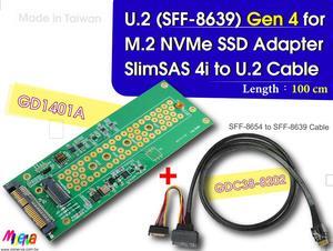 PCIe 4.0 SlimSAS 4i (SFF-8654) to U.2 (SFF-8639) Cable, 100cm & U.2 to M.2 NVMe Adapter