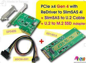 PCIe x4 Gen4 with ReDriver to SlimSAS 4i AIC & SlimSAS 4i (SFF-8654) to U.2 (SFF-8639) Cable, 50cm & U.2 to M.2 NVMe Adapter