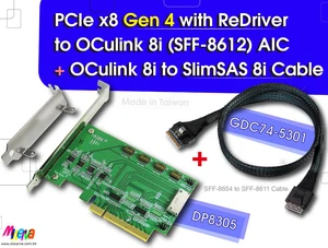 PCIe x8 Gen 4 with ReDriver to Oculink 8i AIC & Oculink 8i to SlimSAS 8i, 50cm Cable PCIe x8 Gen 4 with ReDriver to Oculink 8i AIC & Oculink 8i to SlimSAS 8i, 50cm Cable