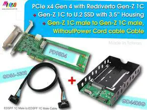 PCIe x4 Gen 4 with ReDriver for Gen-Z 1C AIC & Gen-Z 1C Male to Male without Power Cord Cable, 50cm & Gen-Z 1C to U.2 NVMe SSD with 3.5" Enclosure KIT