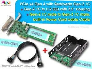 PCIe x4 Gen 4 with ReDriver for Gen-Z 1C AIC & Gen-Z 1C Male to Male built-in Power Cord Cable, 50cm & Gen-Z 1C to U.2 NVMe SSD with 3.5" Enclosure KIT