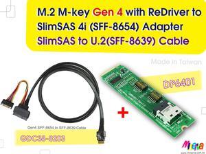 M.2 M-key PCIe Gen 4 with ReDriver to SlimSAS 4i & Gen4 SlimSAS 4i to U.2 (SFF-8639) Cable, 100cm KIT