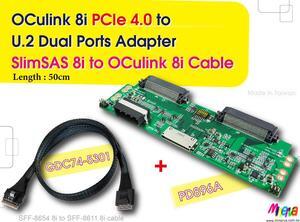 OCulink 8i PCIe 4.0 to U.2 Daul port Adapter & PCIe 4.0 OCulink 8i to SlimSAS 8i Cable, 50cm KIT