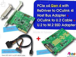 PCIe x4 Gen4 with ReDriver to OCulink 4i AIC & OCulink 4i to U.2 (SFF-8639) Cable, 50cm & U.2 to M.2 NVMe SSD Adapter KIT