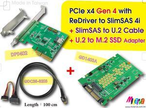 PCIe x4 Gen4 with ReDriver to SlimSAS 4i AIC & SlimSAS 4i (SFF-8654) to U.2 (SFF-8639) Cable, 100cm & U.2 to M.2 NVMe Adapter KIT
