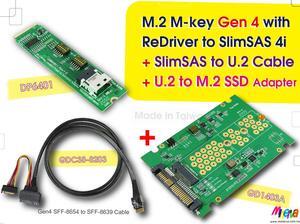 M.2 M-key PCIe Gen 4 with ReDriver to SlimSAS 4i & SlimSAS 4i to U.2 Cable, 100cm & U.2 to M.2 NVMe Adapter KIT