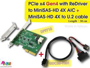 PCIe x4 Gen4 with ReDriver to MINI SAS HD 4X (SFF-8673) AIC & MINI SAS HD 4X to U.2, 50cm cable
