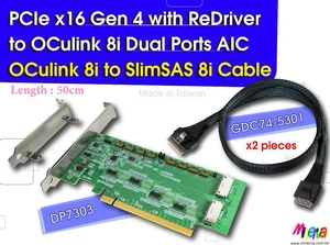 PCIe x16 Gen4 with ReDriver to OCulink 8i dual port AIC & OCulink 8i to SlimSAS 8i cable, 50cm x2pcs PCIe x16 Gen4 with ReDriver to OCulink 8i dual port AIC & OCulink 8i to SlimSAS 8i cable, 50cm x2pcs