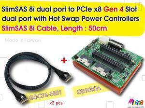 SlimSAS 8i (SFF-8654) dual port to PCIe x8 Gen4 Slot dual port with Hot plug Power Protection & SlimSAS 8i Cable, 50cm x2pcs