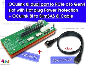 OCulink 8i (SFF-8611) dual port PCIe 4.0 to PCIe x16 slot with Hot plug Power Protection & OCulink 8i to SlimSAS 8i cable, 50cm x2pcs OCulink 8i (SFF-8611) dual port PCIe 4.0 to PCIe x16 slot with Hot plug Power Protection & OCulink 8i to SlimSAS 8i cable, 50cm x2pcs