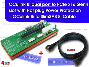 OCulink 8i (SFF-8611) dual port PCIe 4.0 to PCIe x16 Slot with Hot plug Power Protection & OCulink 8i to SlimSAS 8i cable, 100cm x2pcs OCulink 8i (SFF-8611) dual port PCIe 4.0 to PCIe x16 Slot with Hot plug Power Protection & OCulink 8i to SlimSAS 8i cable, 100cm x2pcs