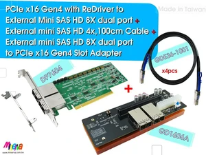 PCIe x16 Gen4 with ReDriver to External Mini SAS HD 8X dual port AIC & PCIe 4.0 External Mini SAS HD 4X cable x4pcs & External mini SAS HD 8X dual port PCIe4.0 to PCIe x16 Slot PCIe x16 Gen4 with ReDriver to External Mini SAS HD 8X dual port AIC & PCIe 4.0 External Mini SAS HD 4X cable x4pcs & External mini SAS HD 8X dual port PCIe4.0 to PCIe x16 Slot