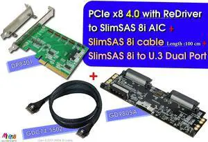 PCIe x8 Gen4 with ReDriver to  SlimSAS 8i AIC &  SlimSAS 8i cable, 100cm & SlimSAS 8i to U.3 Daul port Adapter