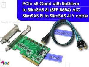 PCIe x8 Gen4 with ReDriver to SFF-8654 8i AIC & SlimSAS 8i to SlimSAS 4i x2 Y-cable, 50cm