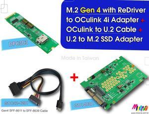 M.2 M-key PCIe Gen 4 with ReDriver to OCulink 4i & OCulink 4i to U.2 (SFF-8639) Cable, 50cm & U.2 to M.2 NVMe SSD Adapter KIT