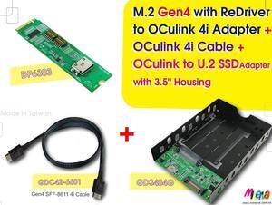 M.2 M-key PCIe Gen 4 with ReDriver to OCulink 4i & OCulink 4i (SFF-8611) Cable & OCulink (SFF-8612) for U.2 (SFF-8639) SSD with 3.5" Housing KIT