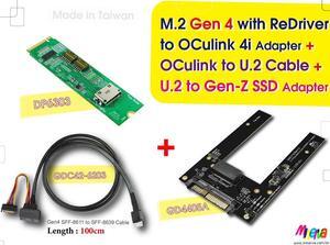 M.2 M-key PCIe Gen 4 with ReDriver to OCulink 4i & OCulink 4i to U.2 (SFF-8639) Cable, 100cm & U.2 to EDSFF 1C SSD Adapter KIT