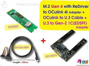 M.2 M-key PCIe Gen 4 with ReDriver to OCulink 4i Adapter & OCulink 4i to U.3 Cable, 100cm & U.3 PCIe 4.0 to EDSFF (Gen-Z) 1C Adapter KIT