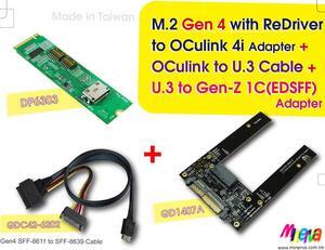 M.2 M-key PCIe Gen 4 with ReDriver to OCulink 4i Adapter & OCulink 4i to U.3 Cable, 50cm & U.3 PCIe 4.0 to EDSFF (Gen-Z) 1C Adapter KIT
