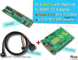 M.2 PCIe Gen4 with ReDriver to EDSFF 1C & Gen-Z 1C to U.2 (SFF-8639) Cable, 100cm & U.2 to M.2 NVMe SSD KIT