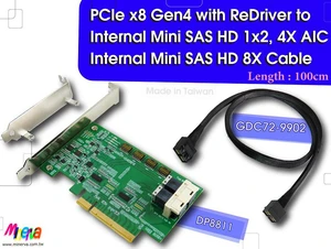 PCIe x8 Gen4 with ReDriver to Internal Mini SAS HD 1x2, 4X AIC & Internal Mini SAS HD 8X Cable, 100cm PCIe x8 Gen4 with ReDriver to Internal Mini SAS HD 1x2, 4X AIC & Internal Mini SAS HD 8X Cable, 100cm