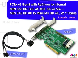 PCIe x8 Gen4 with ReDriver to Internal Mini SAS HD 1x2, 4X AIC & Mini SAS HD 8X to Mini SAS HD 4X, x2 Cable, 50cm PCIe x8 Gen4 with ReDriver to Internal Mini SAS HD 1x2, 4X AIC & Mini SAS HD 8X to Mini SAS HD 4X, x2 Cable, 50cm