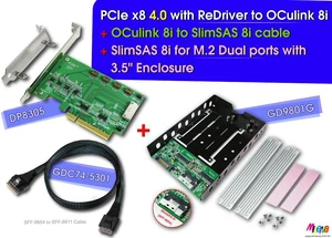 PCIe x8 Gen4 with ReDriver to OCulink 8i AIC & OCulink 8i to SlimSAS 8i Cable,100cm & SlimSAS 8i to M.2 NVMe Dual port+3.5" Tray PCIe x8 Gen4 with ReDriver to OCulink 8i AIC & OCulink 8i to SlimSAS 8i Cable,100cm & SlimSAS 8i to M.2 NVMe Dual port+3.5" Tray