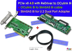 PCIe x8 Gen4 with ReDriver to OCulink 8i AIC & OCulink 8i to SlimSAS 8i cable, 50cm & SlimSAS 8i to U.2 Daul port Adapter PCIe x8 Gen4 with ReDriver to OCulink 8i AIC & OCulink 8i to SlimSAS 8i cable, 50cm & SlimSAS 8i to U.2 Daul port Adapter