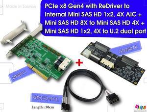 PCIe x8 Gen4 with ReDriver to Internal Mini SAS HD 1x2, 4X AIC & Mini SAS HD 8X to Mini SAS HD 4X, x2 Cable, 50cm & Mini SAS HD 8X to U.2 dual port