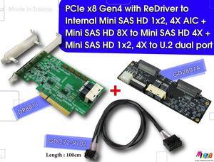 PCIe x8 Gen4 with ReDriver to Internal Mini SAS HD 1x2, 4X AIC & Mini SAS HD 8X to Mini SAS HD 4X, x2 Cable, 100cm & Mini SAS HD 8X to U.2 dual port