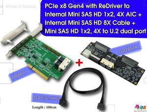 PCIe x8 Gen4 with ReDriver to Internal Mini SAS HD 1x2, 4X AIC & Mini SAS HD 8X Cable, 100cm & Mini SAS HD 8X to U.2 dual port