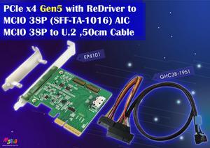 PCIe x4 Gen 5 with ReDriver to MCIO 38P (SFF-TA-1016) AIC + MCIO 38P to U.2 (SFF-8639) , 50CM Cable
