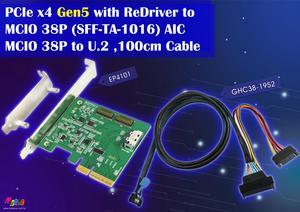 PCIe x4 Gen 5 with ReDriver to MCIO 38P (SFF-TA-1016) AIC + MCIO 38P to U.2 (SFF-8639) , 100CM Cable